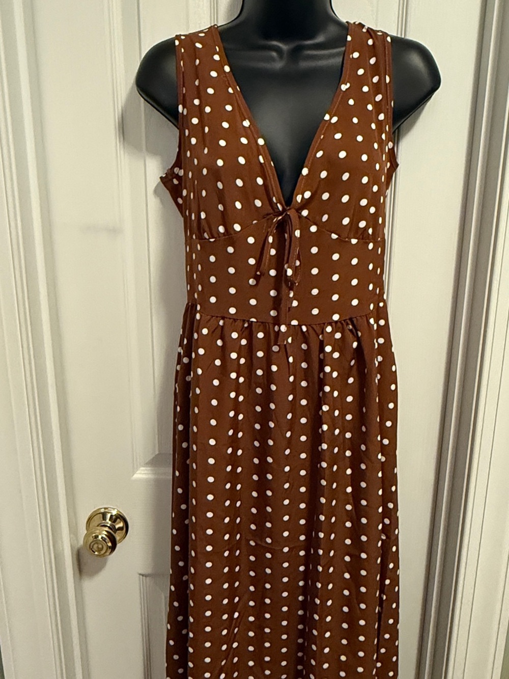 Brown Polka Dot Tie-Front Midi Dress